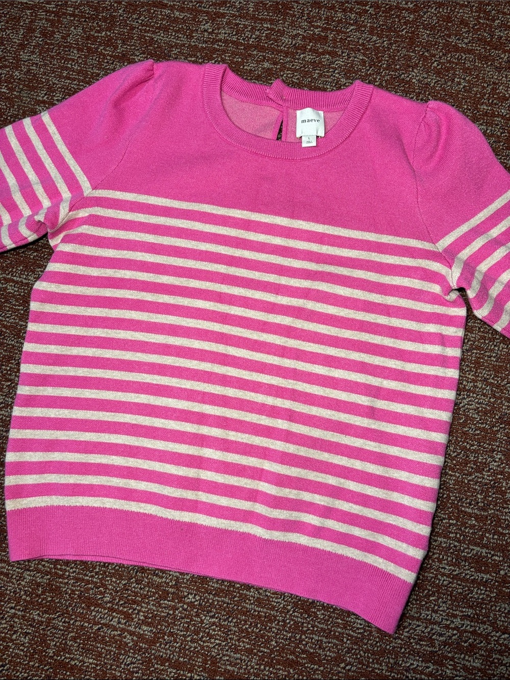 Maeve Harmon jacquard sweater tee pink soft cozy keyhole back soft crewneck L